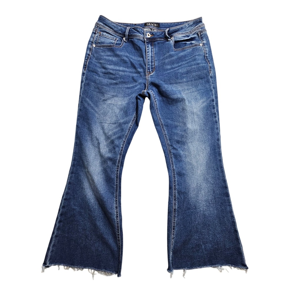 Grace in LA Flare Jeans Women 32 Blue Raw Hem Medium Wash Wide Leg Denim